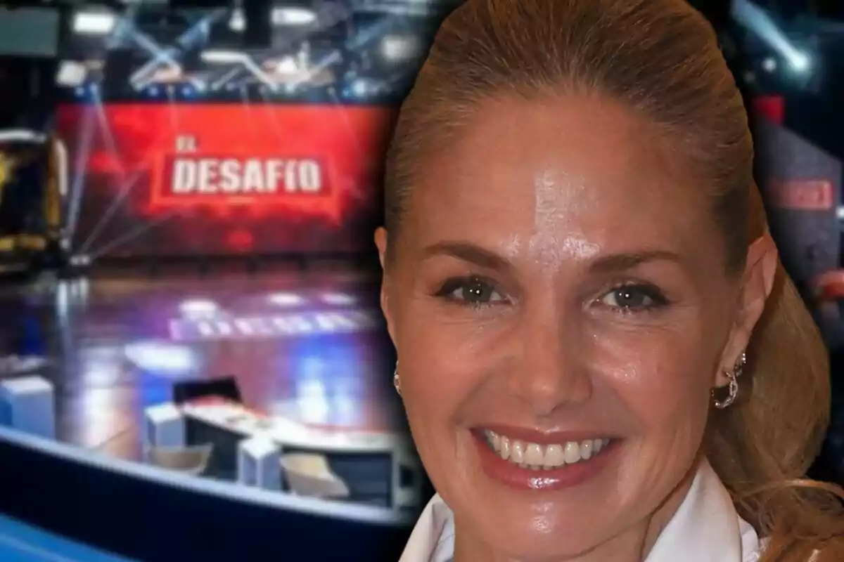 Montaje de fotos de Genoveva Casanova sonriente frente a un escenario con el logo de Montaje de fotos de Genoveva Casanova sonriente frente a un escenario con el logo de