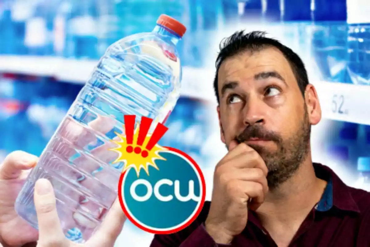 Hombre pensativo mirando una botella de agua con el logo de OCU en un supermercado.