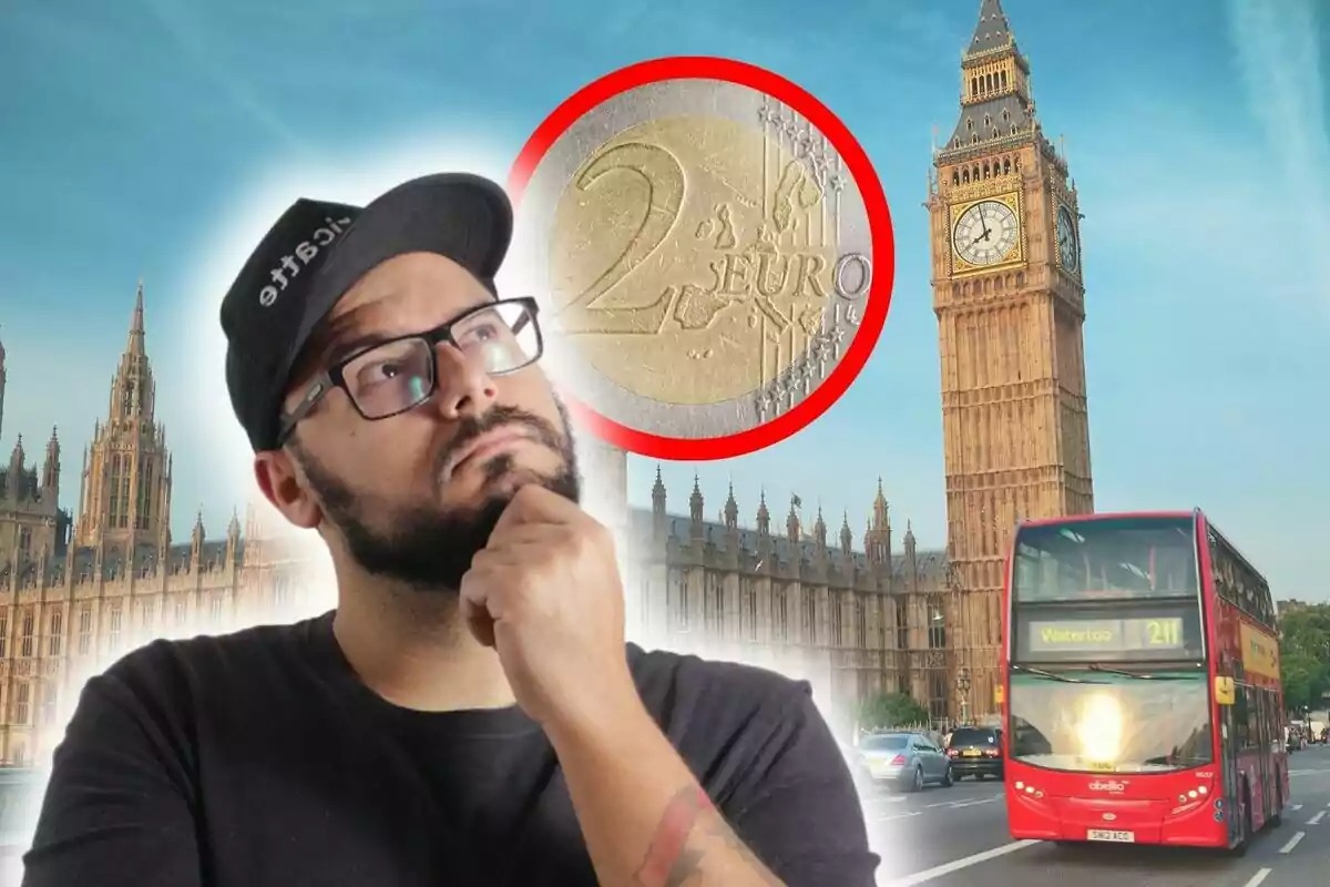 Un hombre con gorra y gafas está pensativo frente a una imagen del Big Ben y un autobús rojo de Londres con una moneda de dos euros en un círculo rojo.