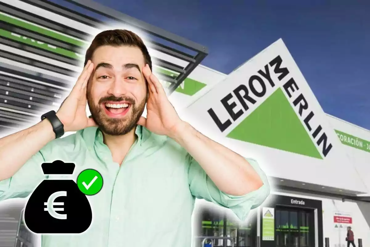 Hombre sonriente frente a una tienda de Leroy Merlin con un icono de bolsa de dinero y símbolo de euro.