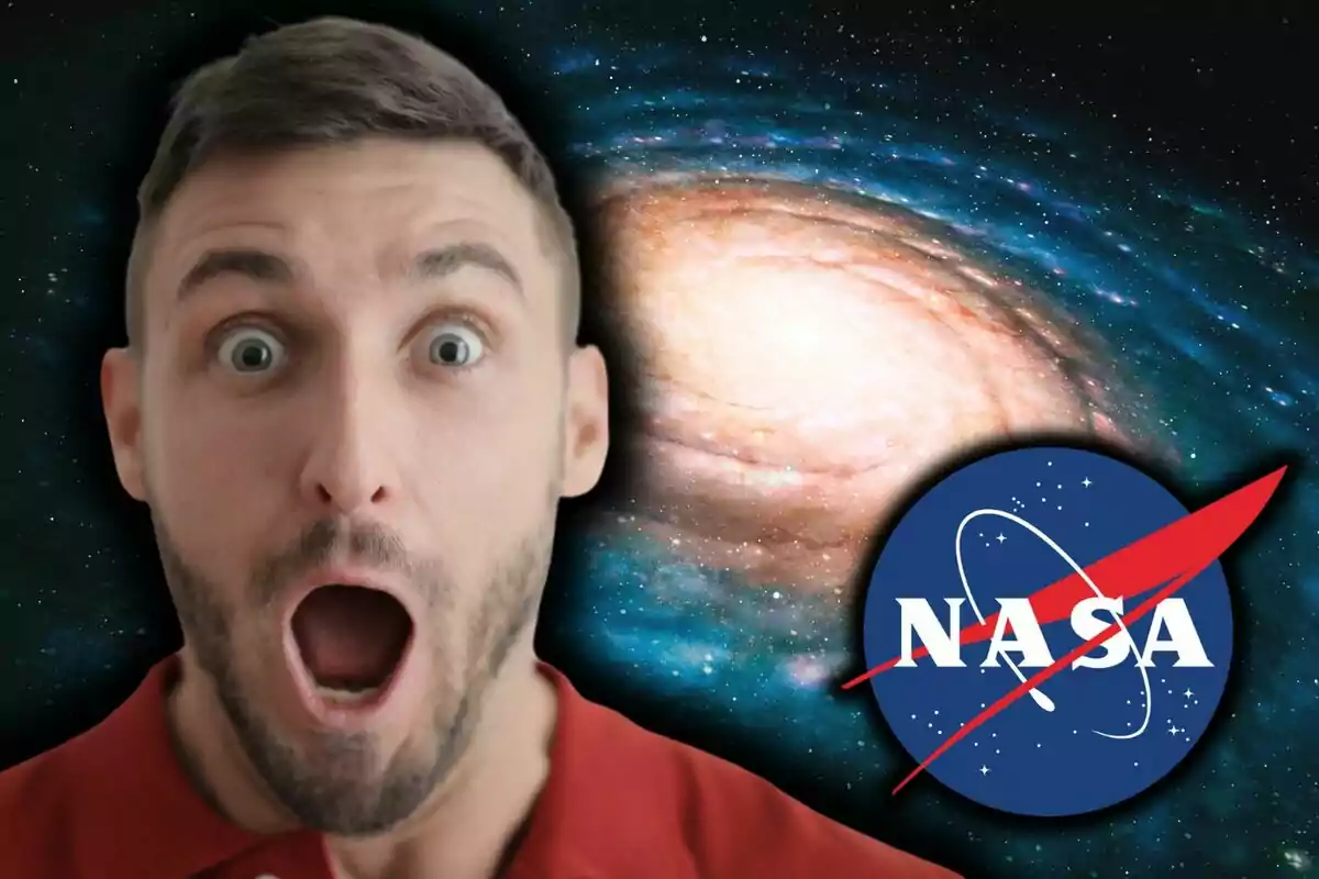 Hombre sorprendido con fondo de galaxia y logo de la NASA.