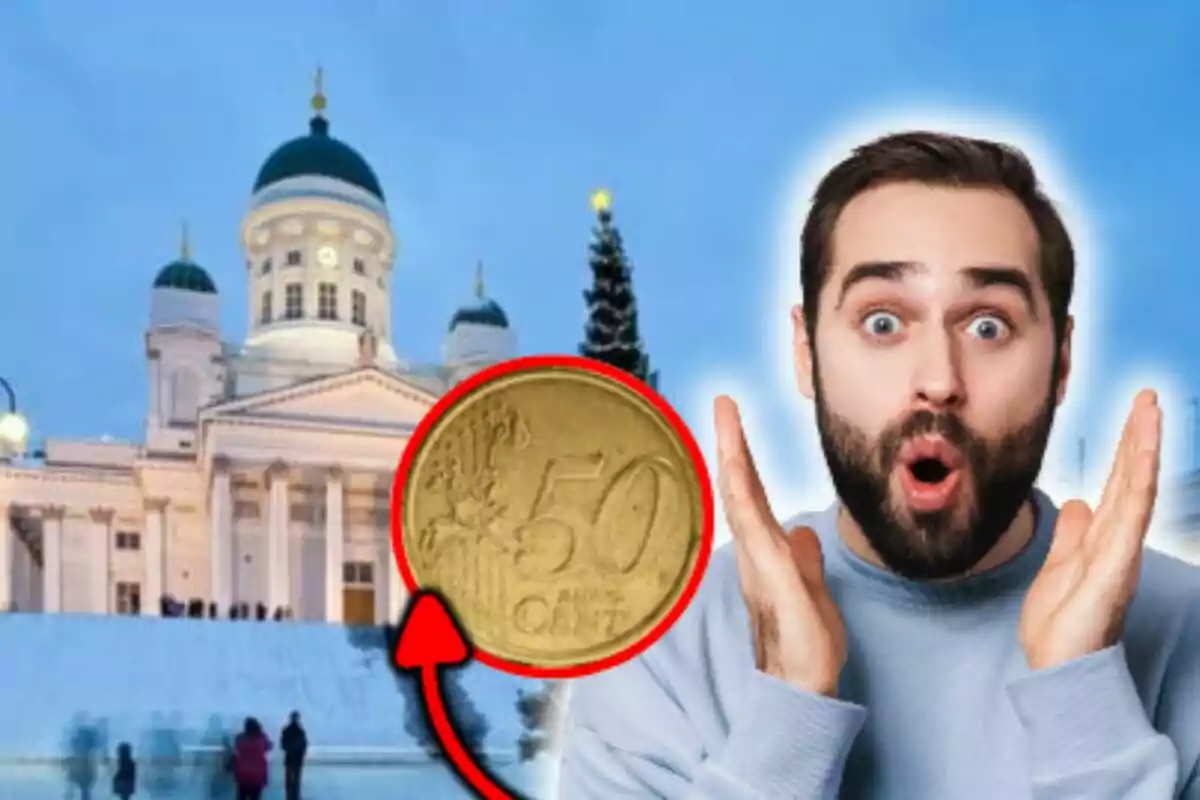 Un hombre sorprendido con una moneda de 50 céntimos y un edificio con cúpulas al fondo que está en Helsinki.