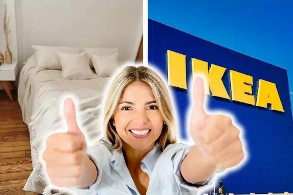 Mujer sonriendo con pulgares arriba frente a una cama y un letrero de Ikea.