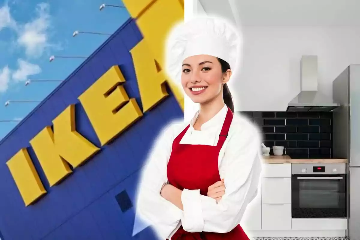 Una chef sonriente con uniforme blanco y delantal rojo está frente a una cocina moderna y al lado de un edificio con el logotipo de Ikea.