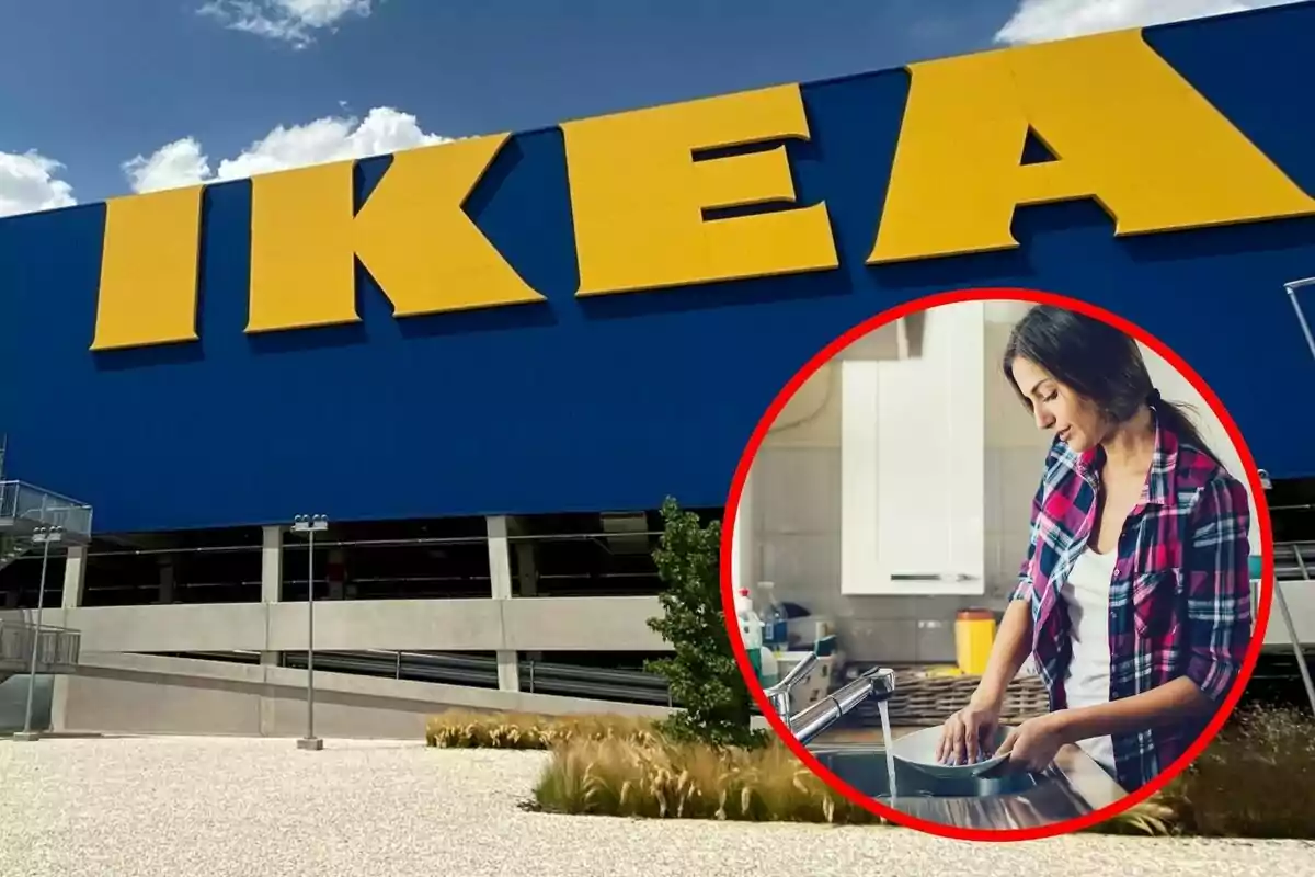 Montaje de fotos de un edificio de Ikea con un círculo rojo que muestra a una persona lavando platos en una cocina.