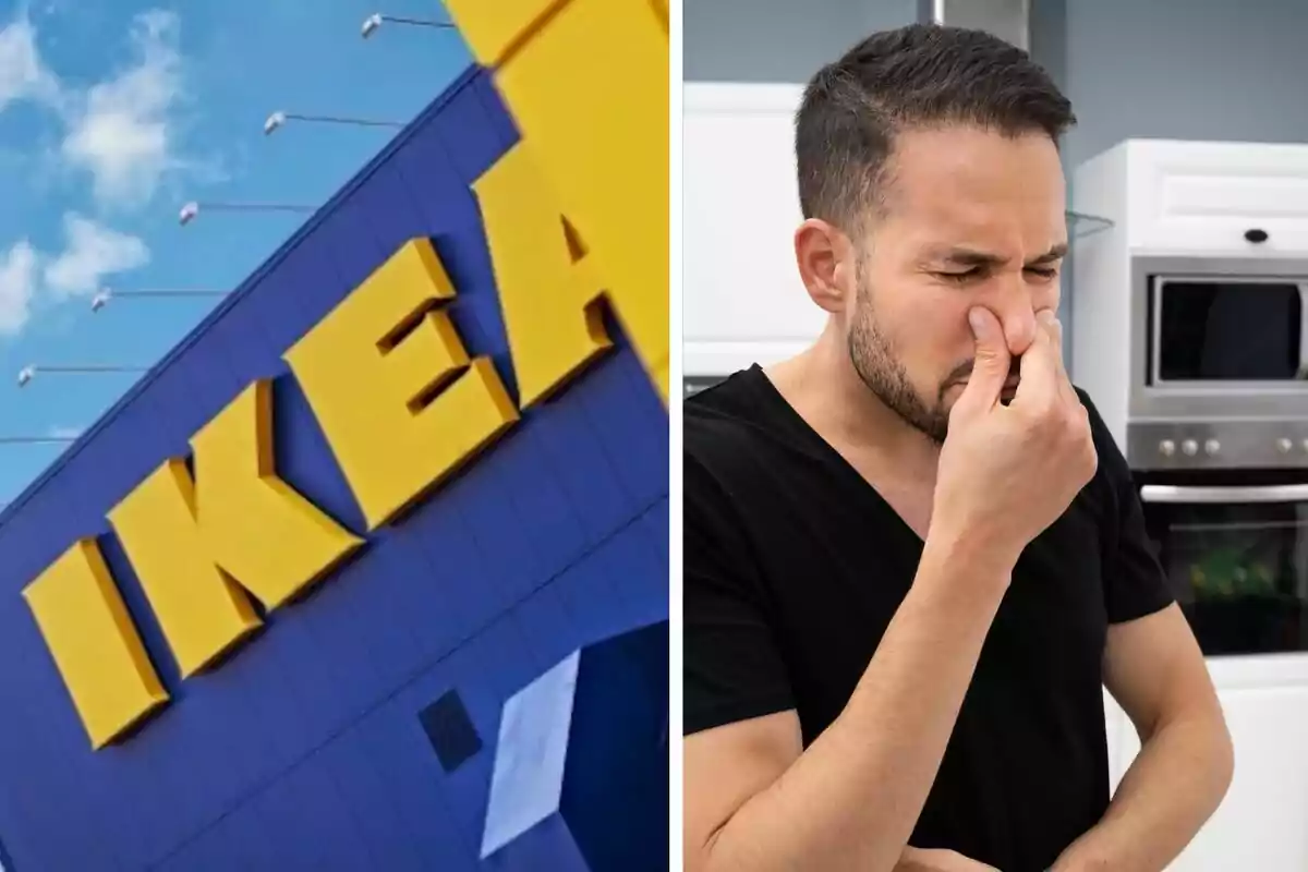 Un edificio de Ikea con su logo amarillo a la izquierda y un hombre tapándose la nariz con expresión de desagrado a la derecha.