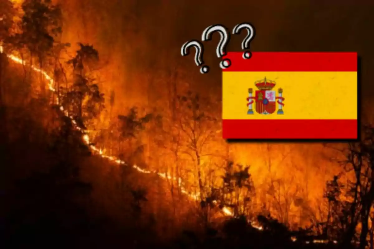 Un incendio forestal con llamas intensas y un recuadro de la bandera de España con signos de interrogación. Un incendio forestal con llamas intensas y un recuadro de la bandera de España con signos de interrogación.