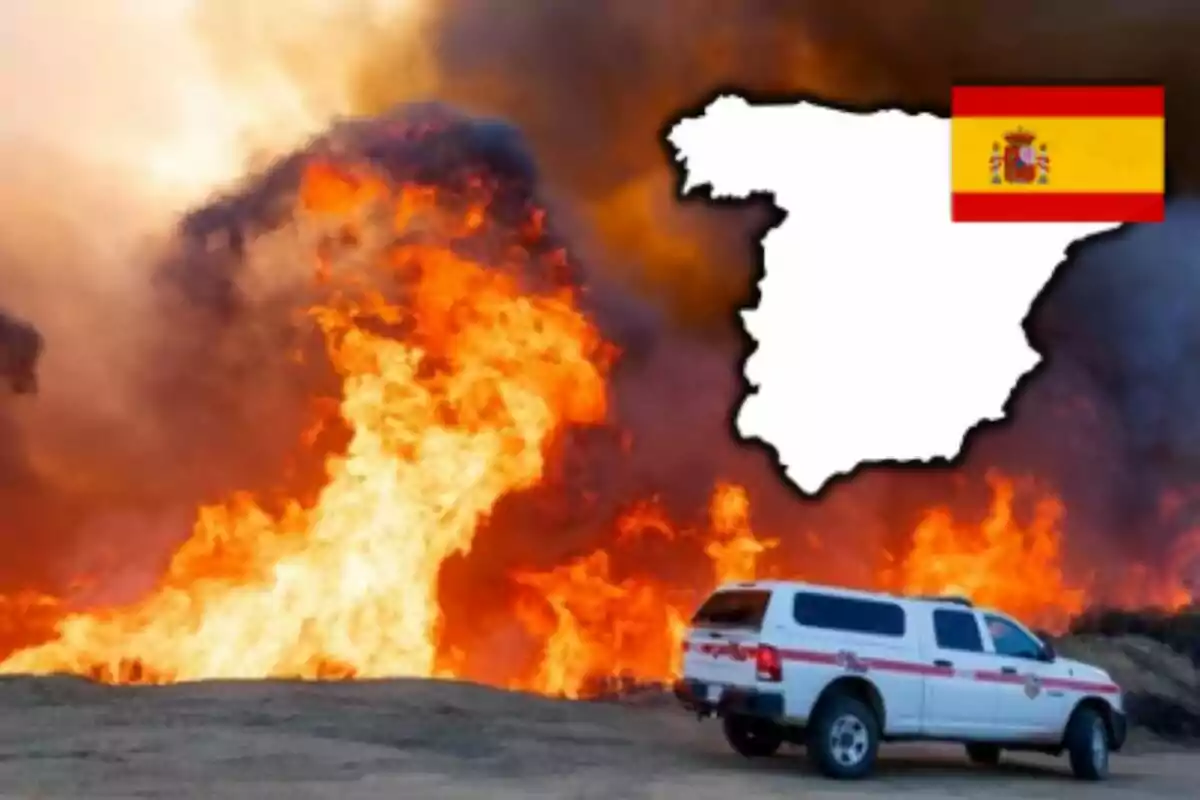 Un incendio forestal con un vehículo de emergencia en primer plano y un mapa de España con su bandera en la esquina superior derecha.