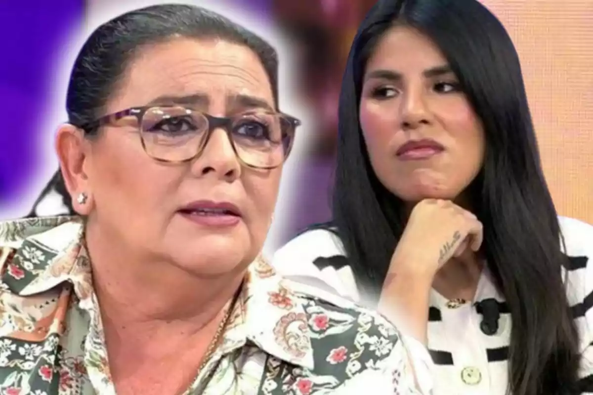 Montaje de fotos de María del Monte e Isa Pantoja ambas sentadas en el plató de un programa de televisión, una con gafas y expresión seria y la otra con cabello largo y gesto pensativo.