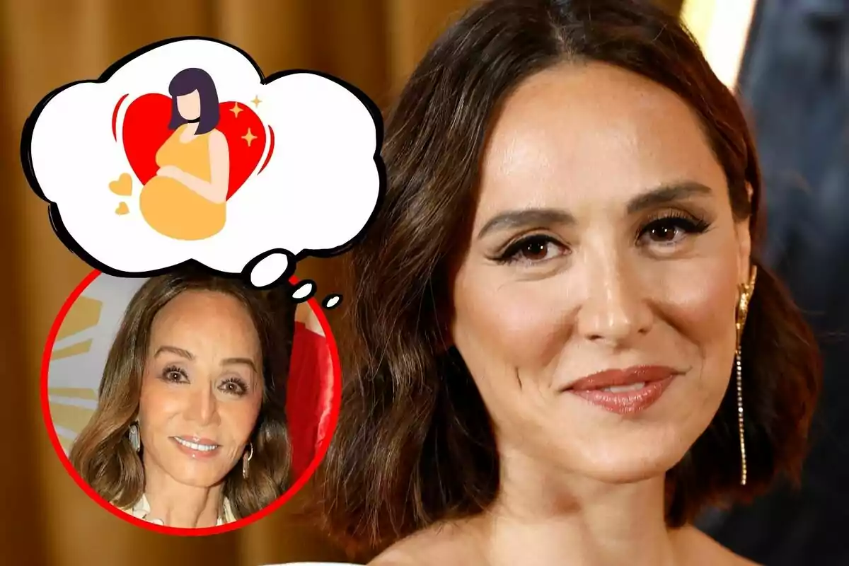 Primer plano de Tamara Falcó sonriente con cabello corto y pendientes largos dorados, con un pensamiento que incluye el emoji de una mujer embarazada y una foto de Isabel Preysler dentro de un círculo rojo.