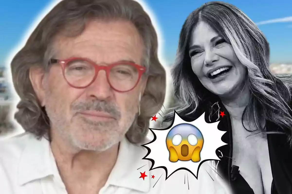 Montaje de fotos de Pepe Navarro en primer plano con gafas rojas e Ivonne Reyes sonriendo en blanco y negro con un emoji sorprendido en el centro.