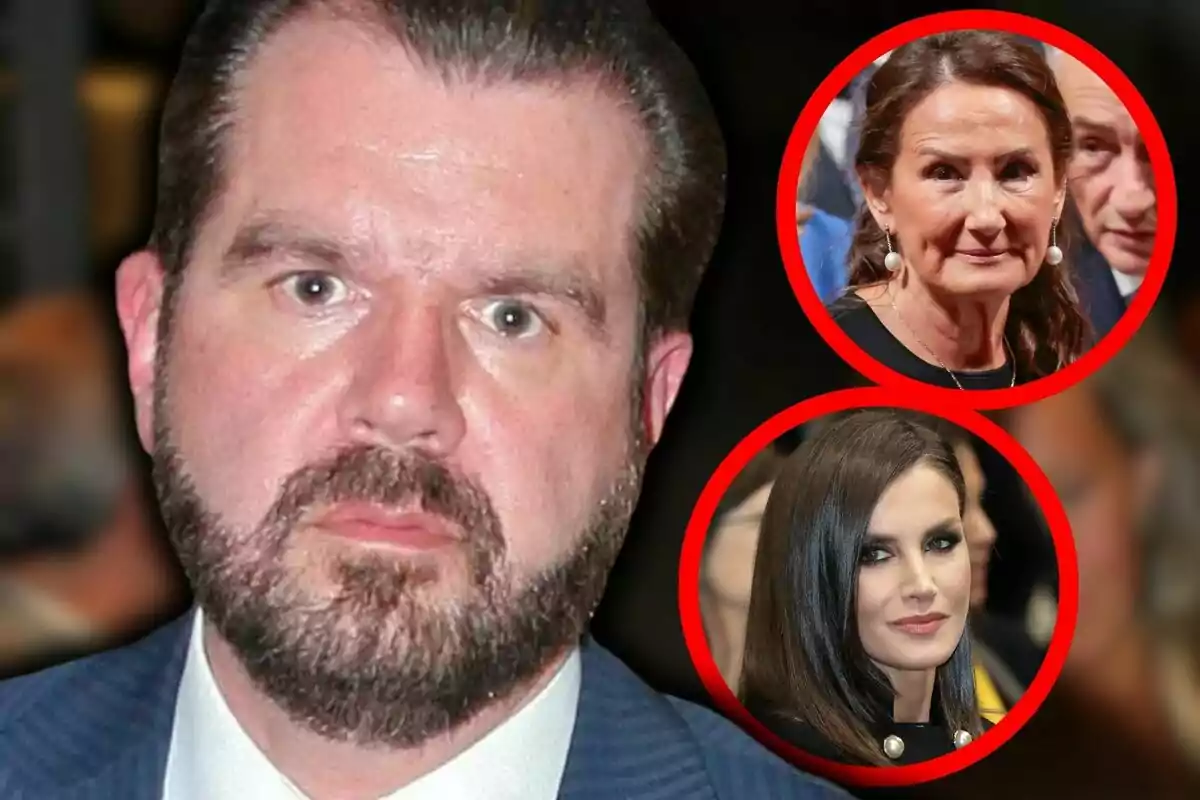 Jesús Ortiz con barba en primer plano y dos mujeres en círculos rojos en la esquina superior derecha, que son Letizia Ortiz y Paloma Rocasolano.