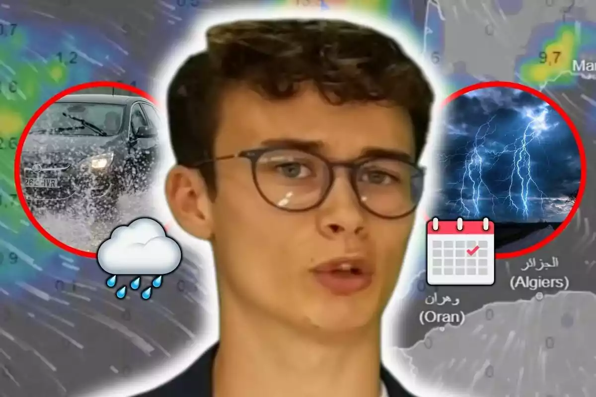 Jorge Rey con gafas aparece en primer plano sobre un fondo de mapa meteorológico con iconos de lluvia y tormenta eléctrica.