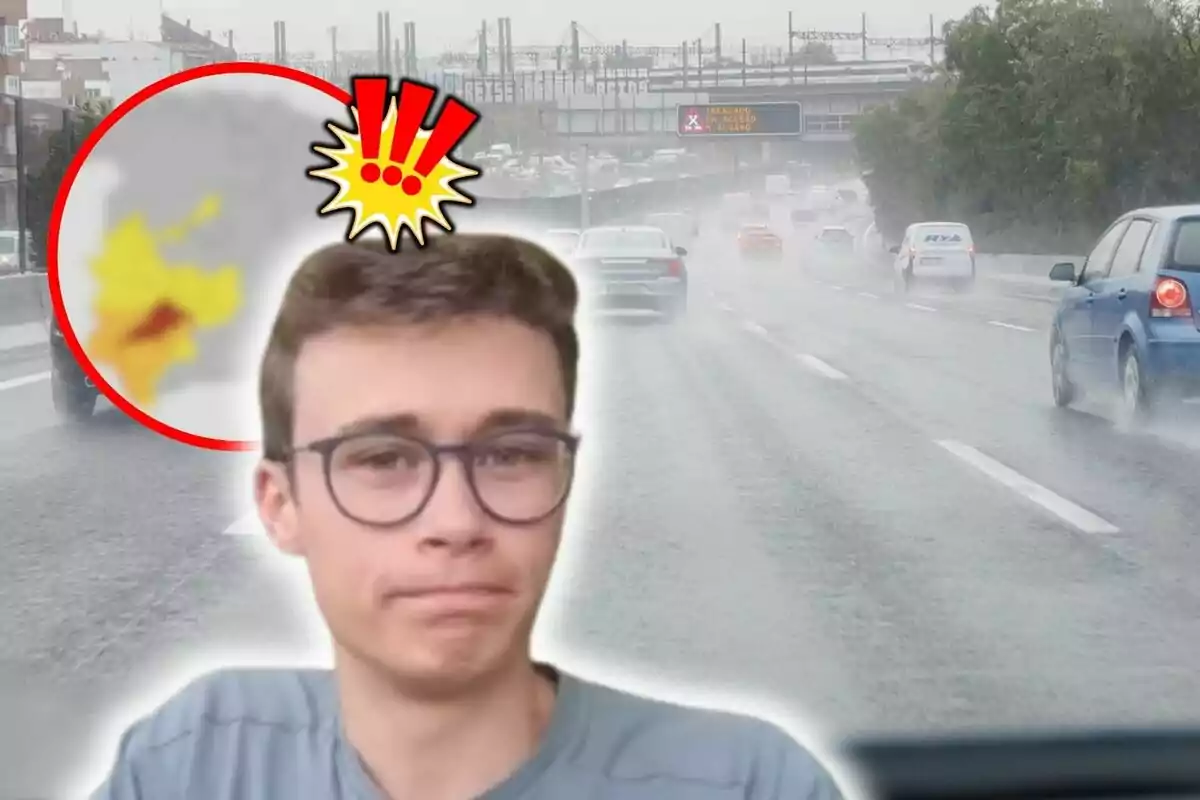 Jorge Rey con gafas aparece sobre una imagen de una carretera mojada con tráfico y un mapa meteorológico en un círculo con signos de exclamación.