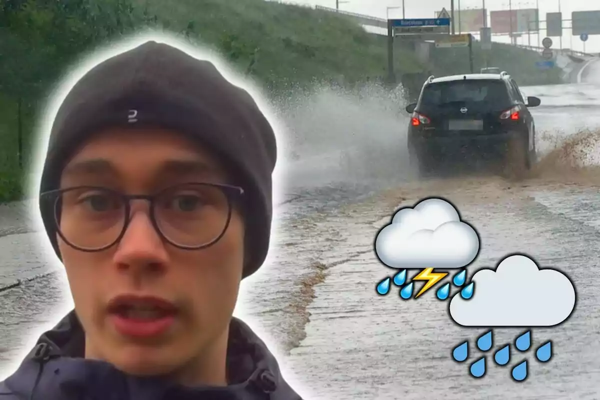 Montaje de fotos de Jorge Rey con gorro y gafas aparece en primer plano mientras un coche salpica agua en una carretera inundada con iconos de nubes de lluvia y tormenta.