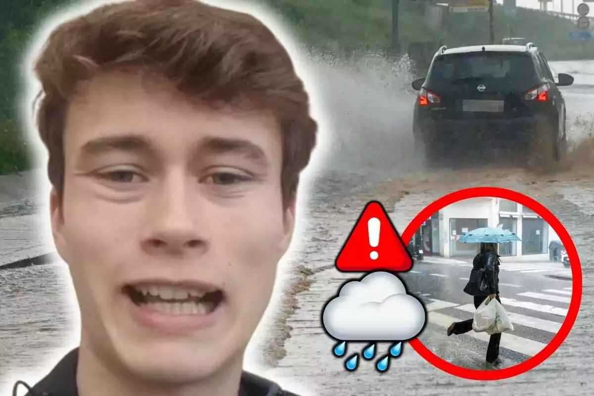 Montaje de fotos de Jorge Rey con expresión de preocupación junto a imágenes de un coche en una calle inundada y una persona cruzando con paraguas bajo la lluvia, acompañadas de iconos de advertencia y lluvia.