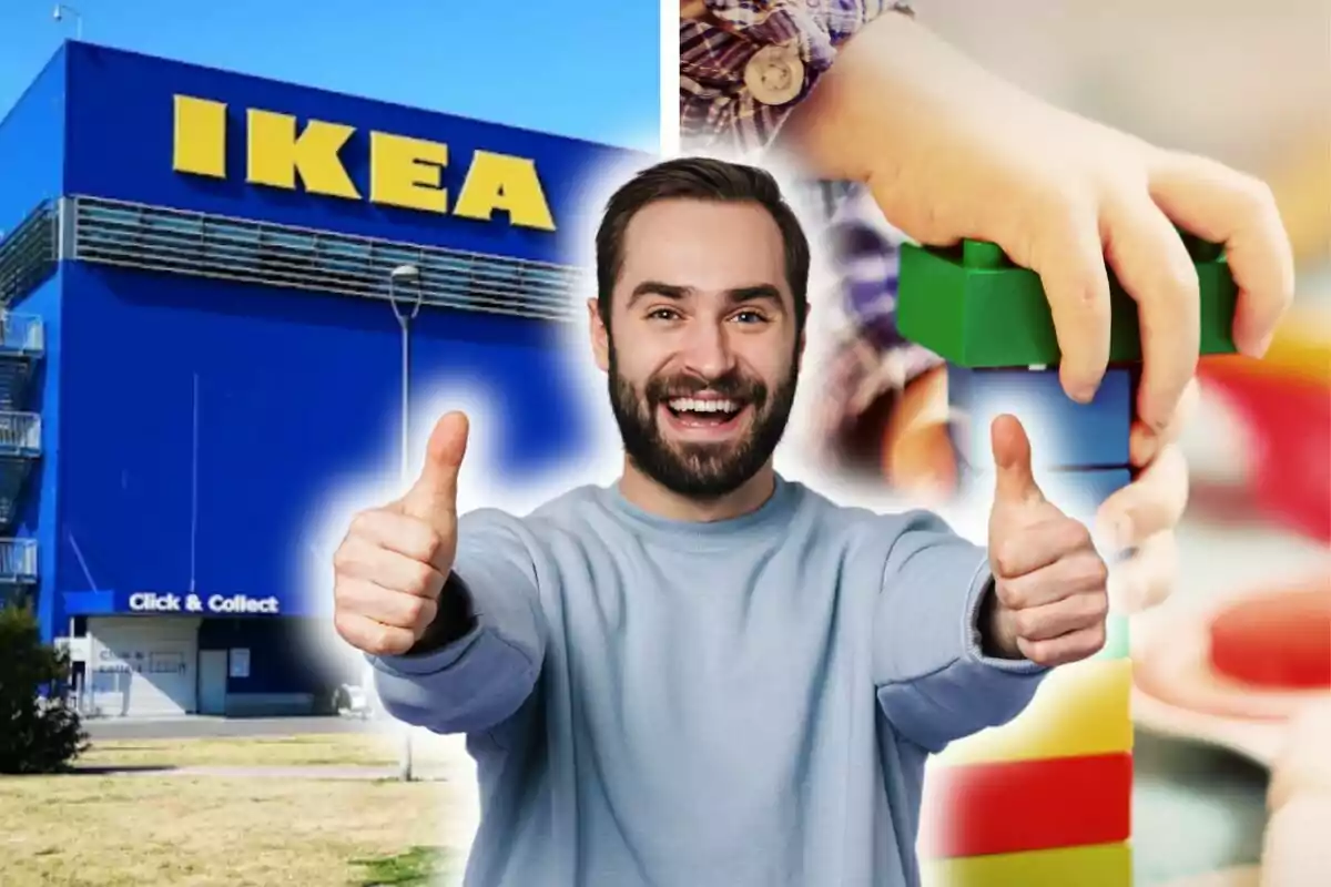 Hombre sonriente con pulgares arriba frente a una tienda de Ikea y una mano construyendo con bloques de colores.