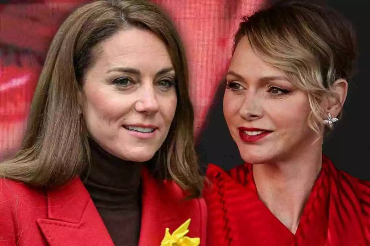Charlene of Monaco and Kate Middleton in red clothing pose together in front of a blurry background Charlene of Monaco and Kate Middleton in red clothing pose together in front of a blurry background