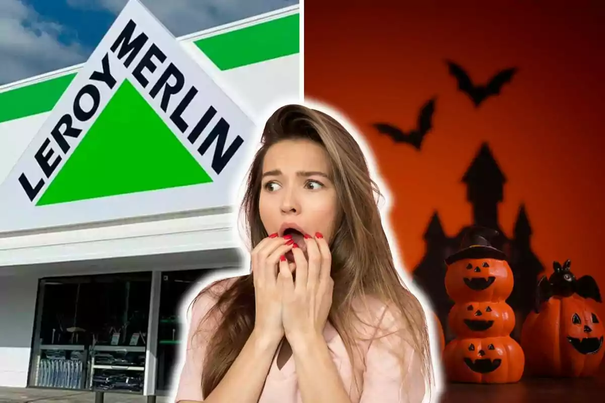 Una mujer con expresión de sorpresa o miedo está superpuesta sobre una imagen de la tienda Leroy Merlin y un fondo de Halloween con calabazas y murciélagos.