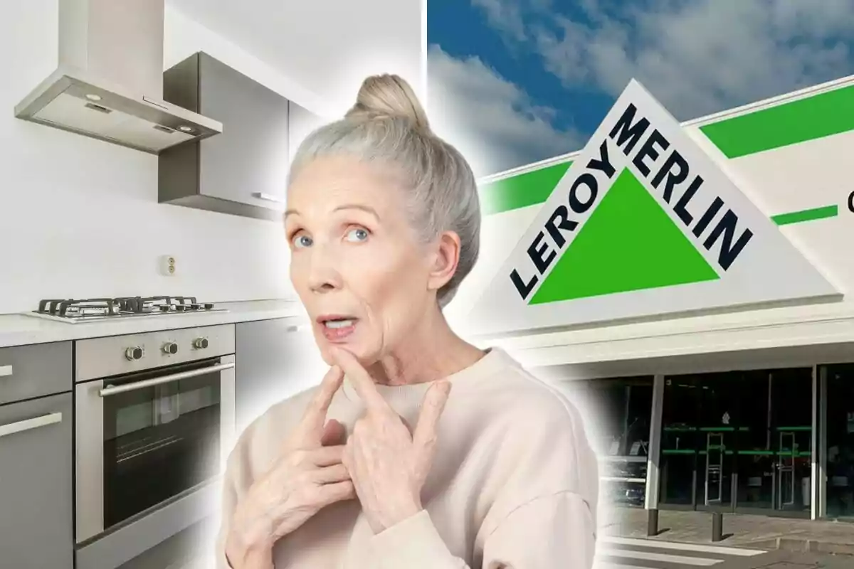 Una mujer mayor con expresión pensativa aparece frente a una cocina moderna y el logo de Leroy Merlin.