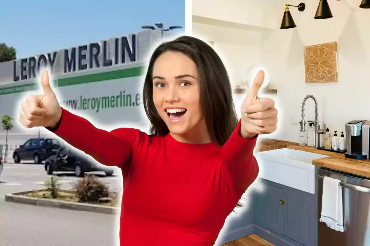 Una mujer sonriente con pulgares arriba frente a una tienda de Leroy Merlin y una cocina moderna.