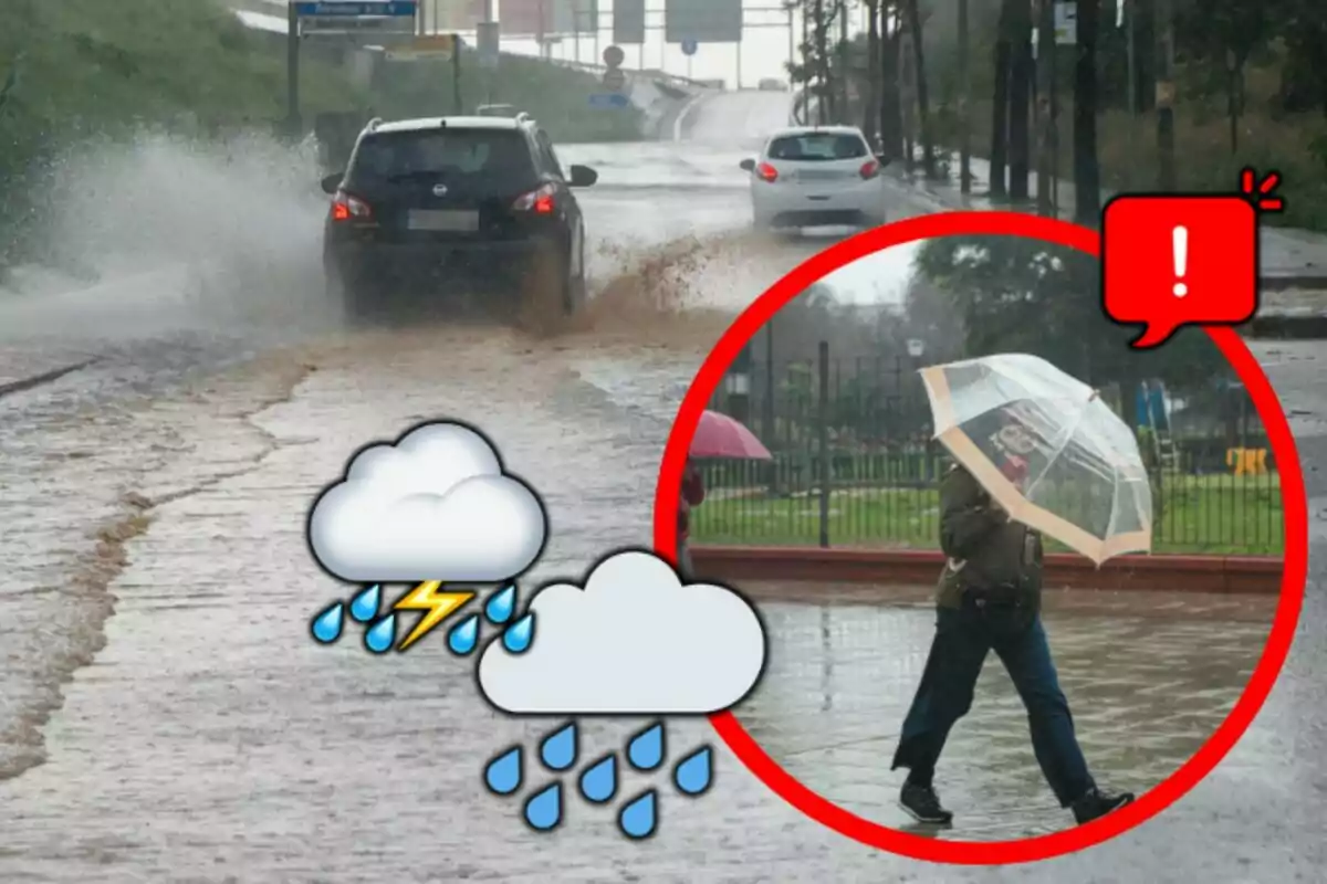 Un coche salpicando agua en una calle inundada mientras una persona camina con un paraguas bajo la lluvia intensa.