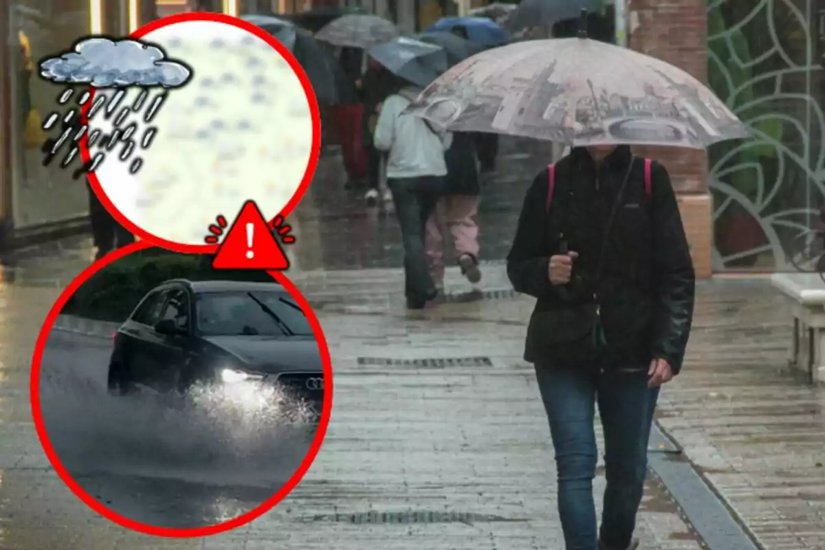Una persona camina bajo la lluvia con un paraguas mientras un coche salpica agua en la carretera y hay iconos de advertencia de lluvia y peligro. Una persona camina bajo la lluvia con un paraguas mientras un coche salpica agua en la carretera y hay iconos de advertencia de lluvia y peligro.