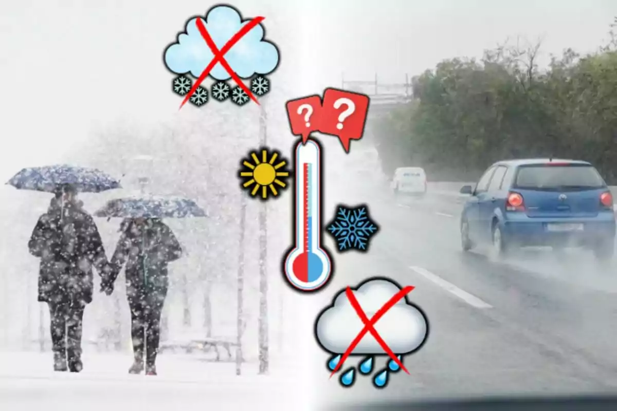 Personas caminando bajo la nieve con paraguas a la izquierda y coches circulando en una carretera mojada a la derecha con iconos de clima y temperatura en el centro.