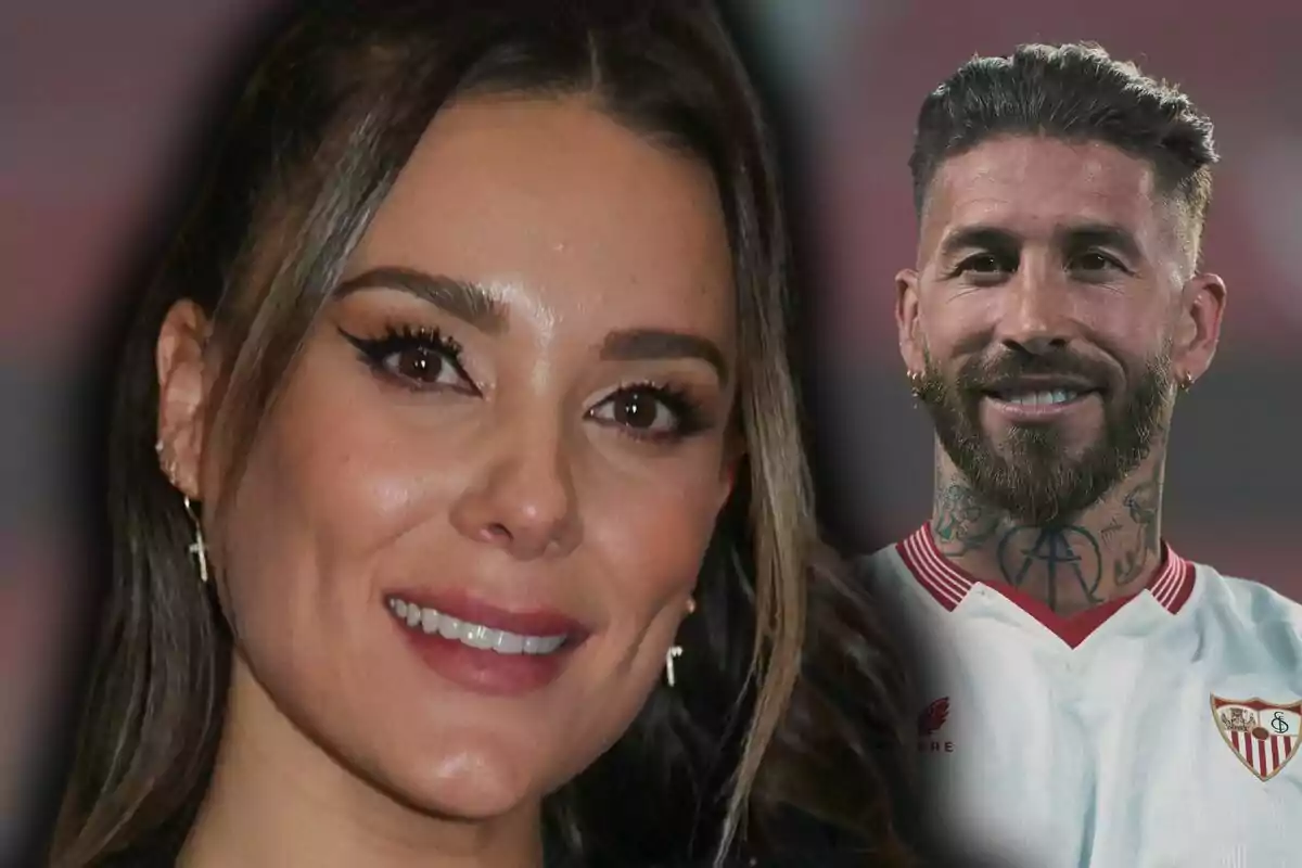 Montaje de fotos de Lorena Gómez sonriente en primer plano y Sergio Ramos con barba y tatuajes en el cuello vistiendo una camiseta de fútbol en el fondo.