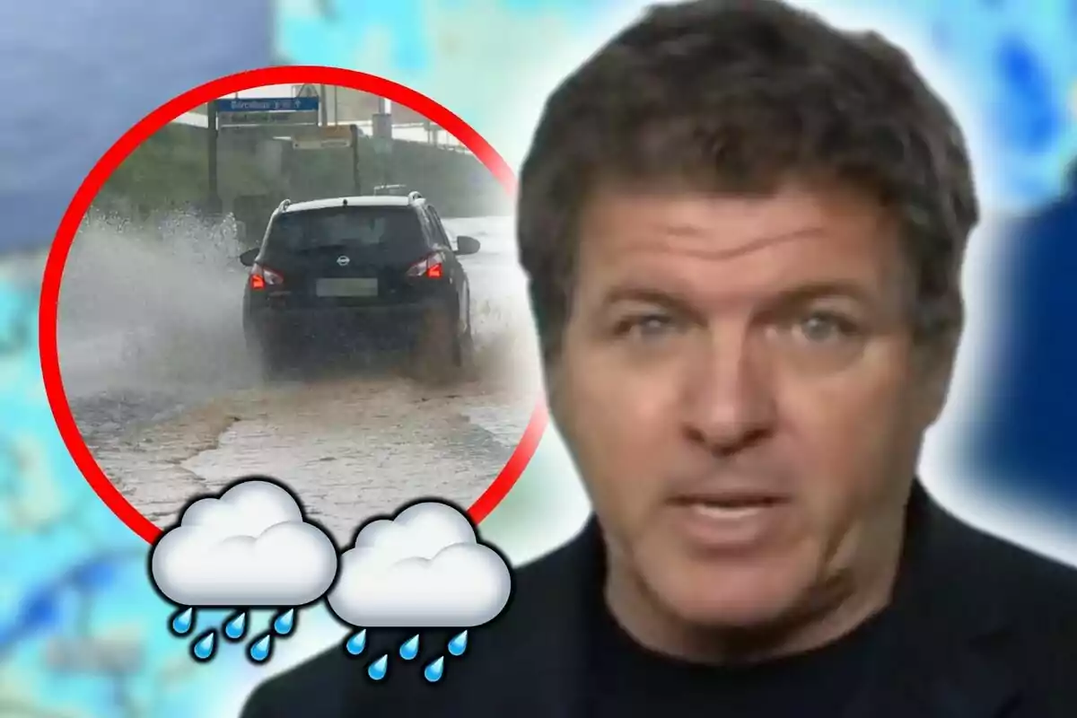 Montaje de fotos de Mario Picazo hablando sobre condiciones climáticas adversas con una imagen de un coche atravesando una calle inundada y símbolos de lluvia.