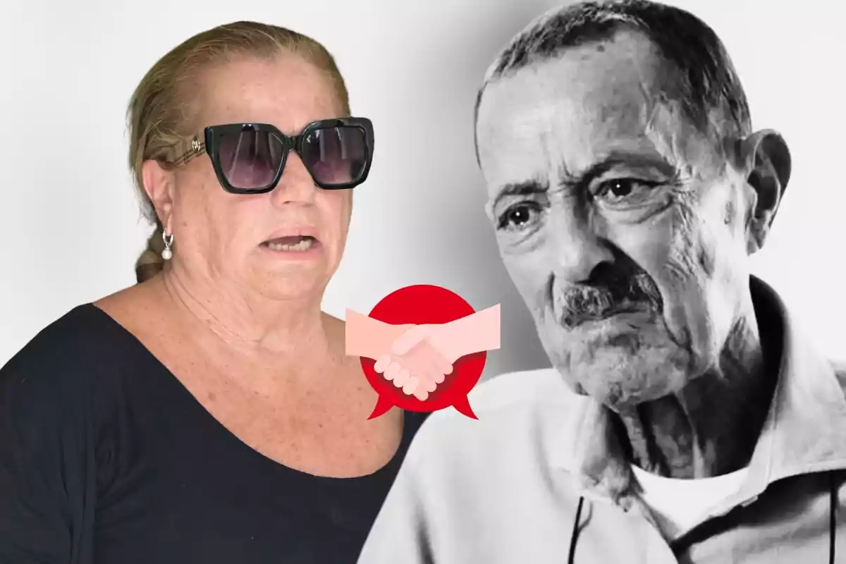 Montaje de fotos de Mayte Zaldívar con gafas de sol y Julián Muñoz emocionado en blanco y negro con un símbolo de dos manos entrelazadas.