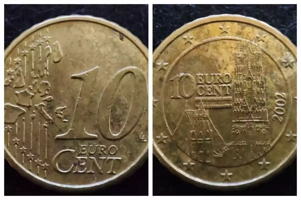 Moneda de 10 céntimos de euro con diseño europeo en un lado y una catedral en el otro, acuñada en 2002. Moneda de 10 céntimos de euro con diseño europeo en un lado y una catedral en el otro, acuñada en 2002.
