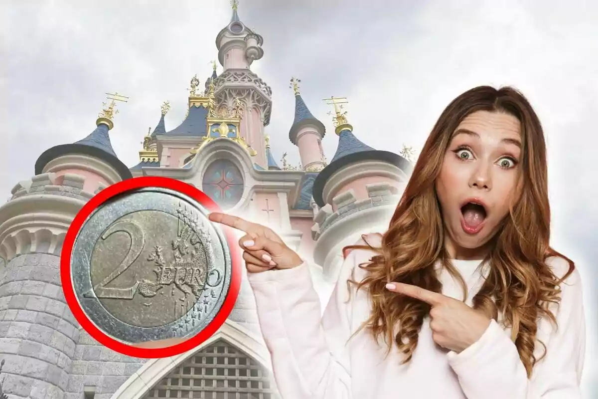 Una mujer sorprendida señala una moneda de dos euros frente a un castillo de Disneyland París.