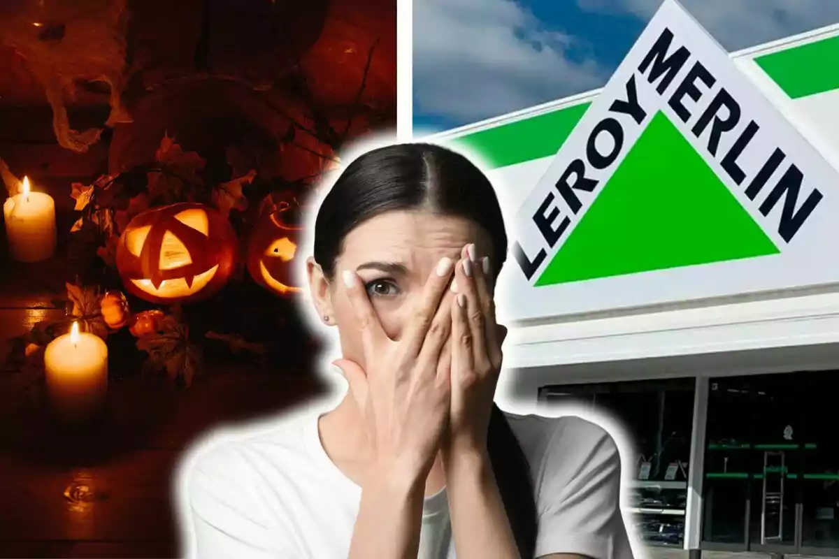 Una mujer asustada se cubre el rostro mientras observa una escena de Halloween con calabazas iluminadas y un letrero de un establecimiento de Leroy Merlin.