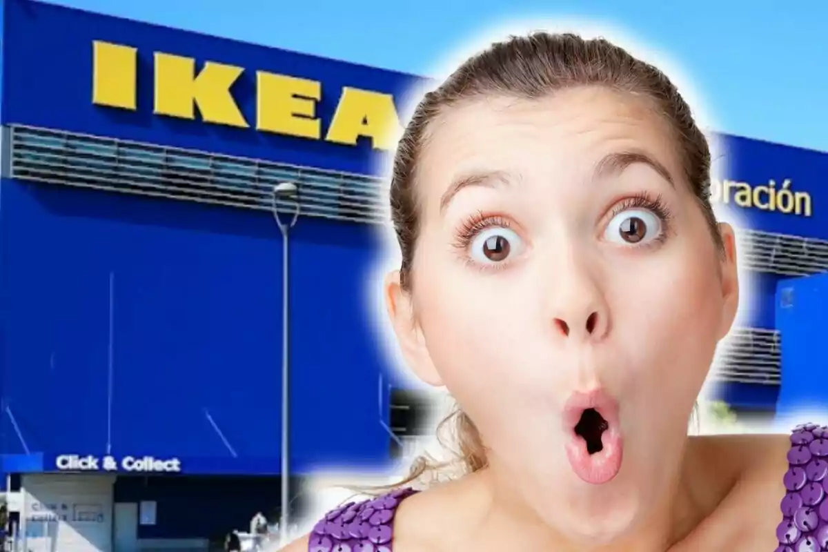 Primer plano de una mujer sorprendida frente a una tienda de Ikea.