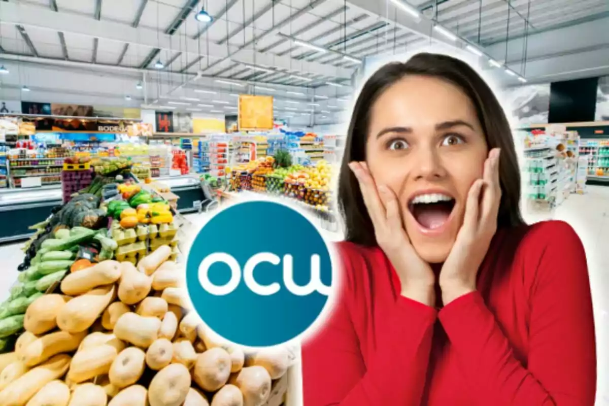 Mujer sorprendida en un supermercado con frutas y verduras en primer plano y el logo de OCU.