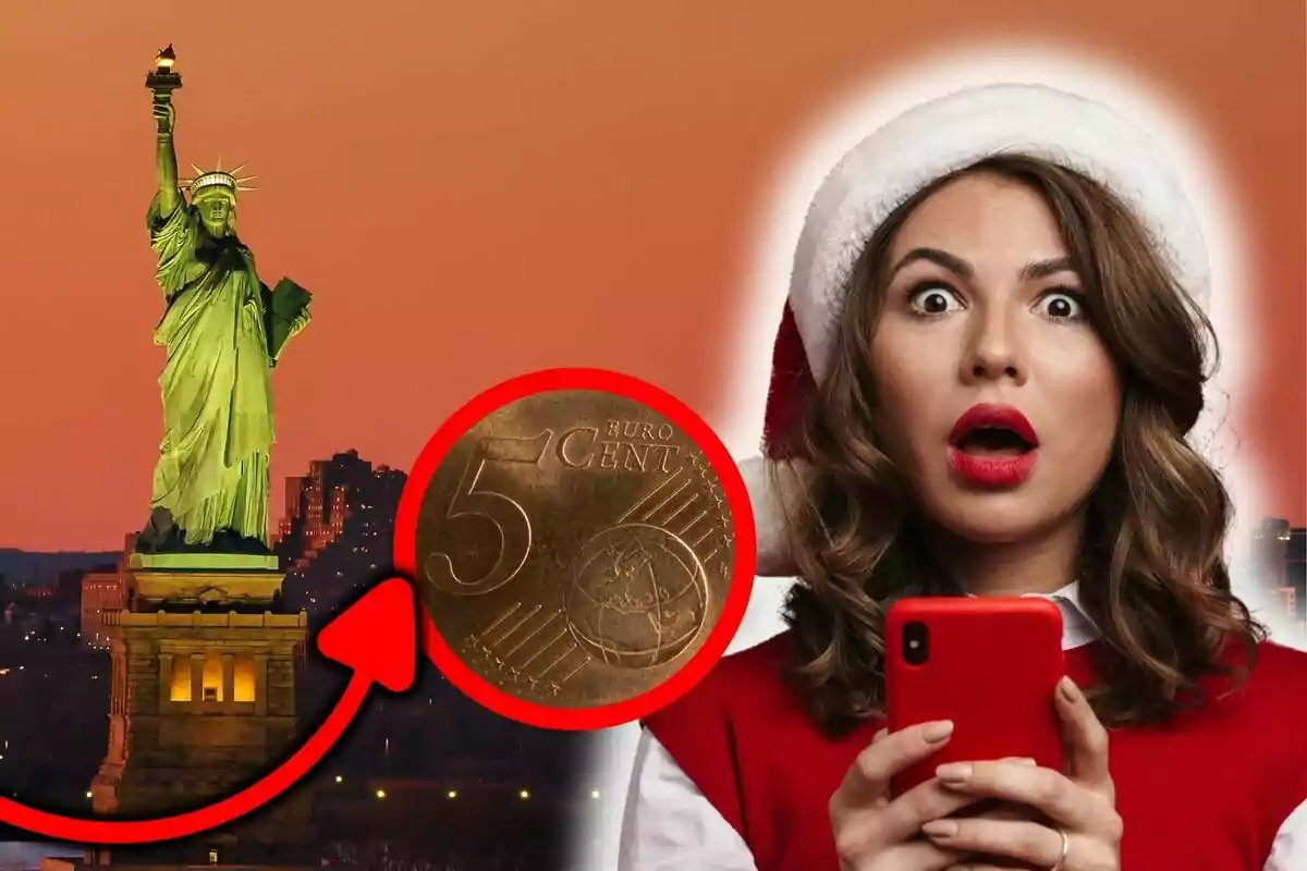 Una mujer con gorro navideño y expresión de sorpresa sostiene un teléfono rojo, junto a una imagen de la Estatua de la Libertad y una moneda de 5 céntimos de euro.