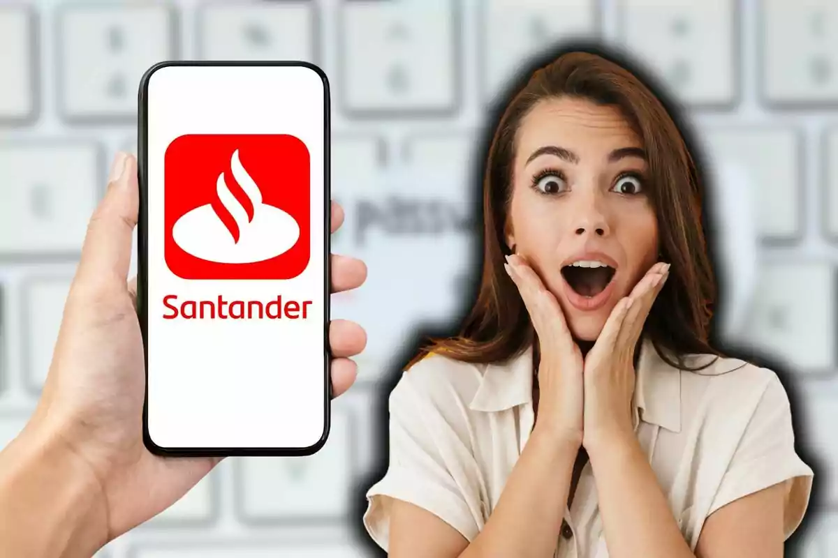 Una persona sorprendida junto a un teléfono móvil que muestra el logo del Banco Santander.