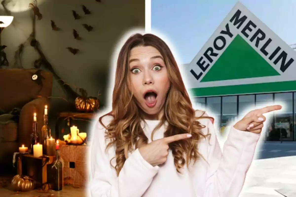 Una mujer sorprendida señala hacia un letrero de Leroy Merlin con una decoración de Halloween al fondo.