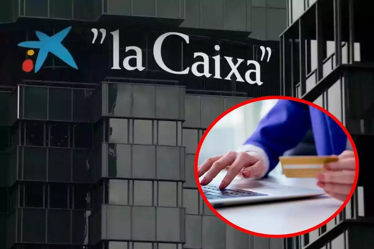 Edificio de La Caixa con una persona usando una computadora portátil y sosteniendo una tarjeta de crédito.