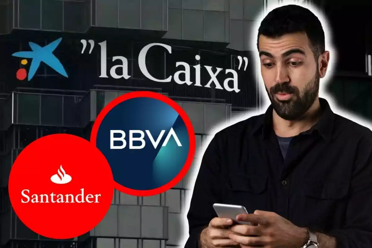 Un hombre sorprendido mirando su teléfono frente a logotipos de bancos como Santander, BBVA y un edificio de CaixaBank.