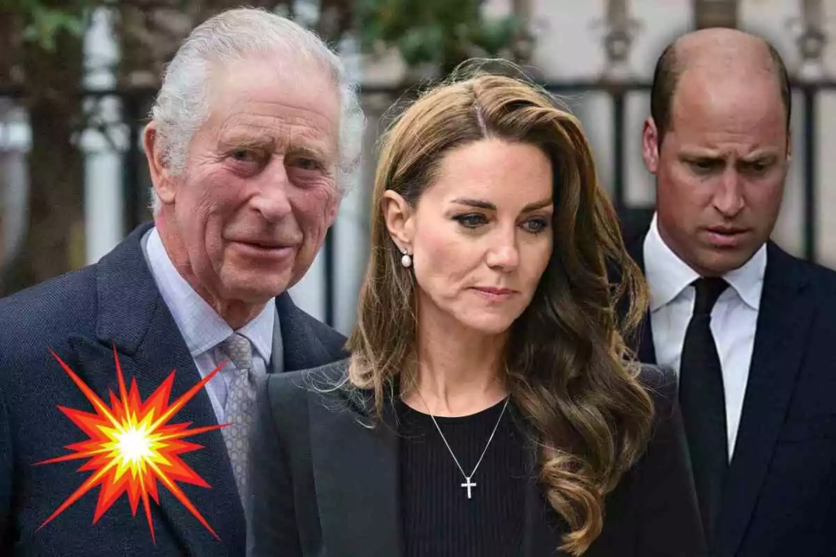Carlos III, Kate Middleton y el príncipe Guillermo vestidos formalmente con una explosión gráfica en el lado izquierdo de la imagen. Carlos III, Kate Middleton y el príncipe Guillermo vestidos formalmente con una explosión gráfica en el lado izquierdo de la imagen.