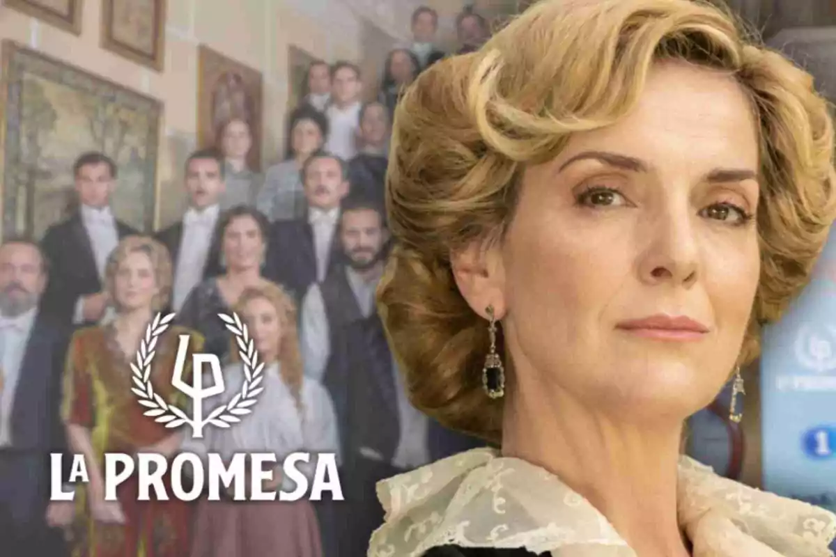 Eva Martín con expresión seria está en primer plano, mientras que un grupo de personas vestidas de época aparece al fondo, junto al texto "La Promesa".