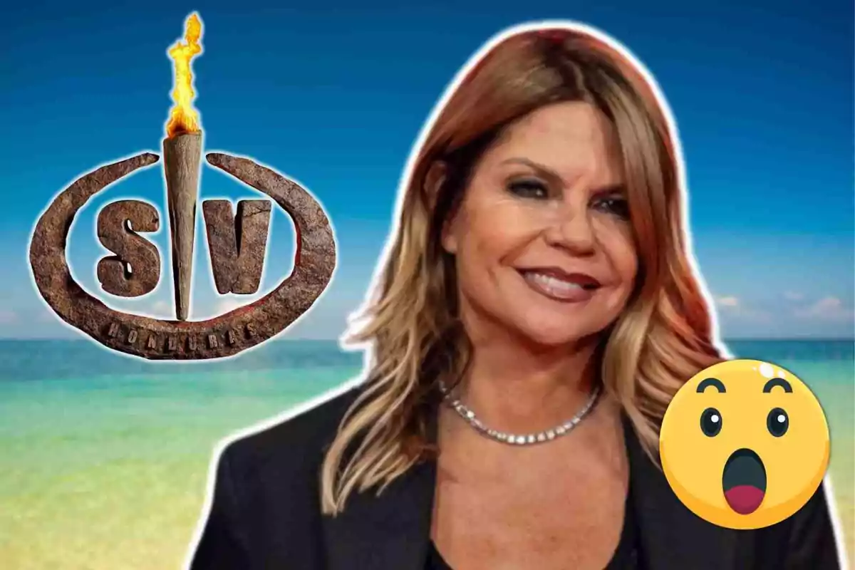 Makoke sonriendo frente a un fondo de playa con el logo de 'Supervivientes' y un emoji sorprendido.