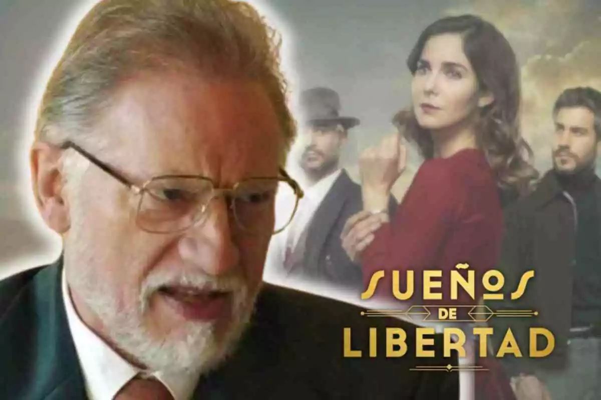 Nancho Novo con gafas aparece en primer plano, al fondo se ven tres personas y el título Sueños de Libertad.