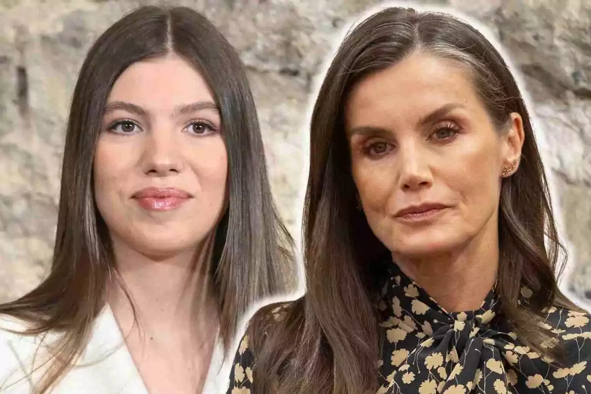 La reina Letizia y la infanta Sofía con cabello oscuro posan frente a un fondo neutro.