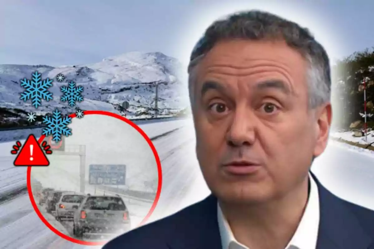 Montaje de fotos de Roberto Brasero en primer plano con rostro neutro frente a un paisaje nevado con un aviso de advertencia de nieve y tráfico en la carretera.