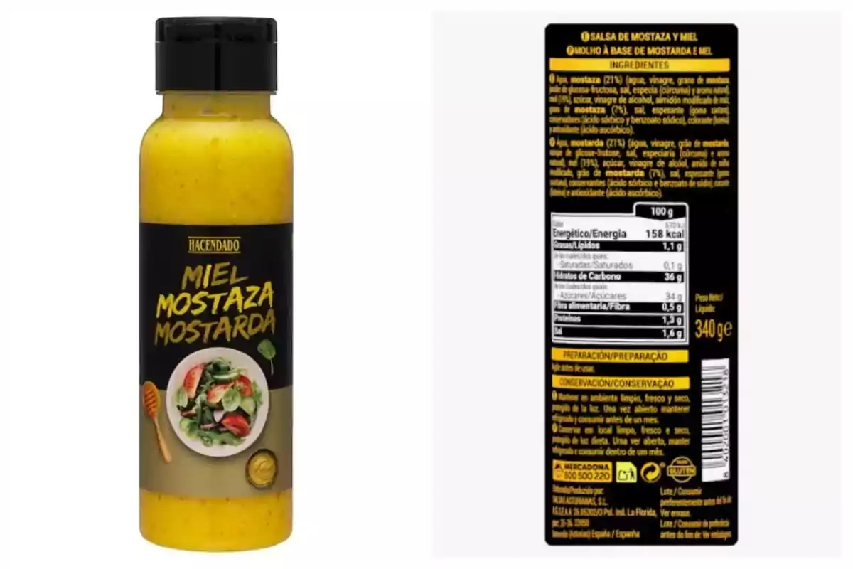 Botella de salsa de miel y mostaza de la marca Hacendado con etiqueta que muestra información nutricional y lista de ingredientes.