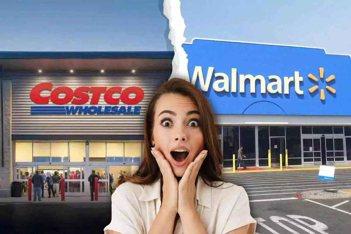 A woman with a surprised expression stands in front of the facades of Costco and Walmart, separated by a torn line.