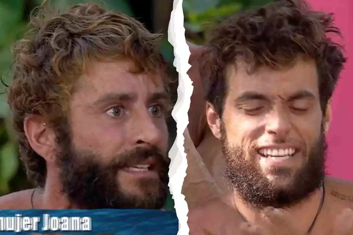 Pelayo Díaz y Montoya con barba en una imagen dividida por un efecto de rasgado, Pelayo parece estar hablando y Montoya sonriendo con los ojos cerrados. Pelayo Díaz y Montoya con barba en una imagen dividida por un efecto de rasgado, Pelayo parece estar hablando y Montoya sonriendo con los ojos cerrados.